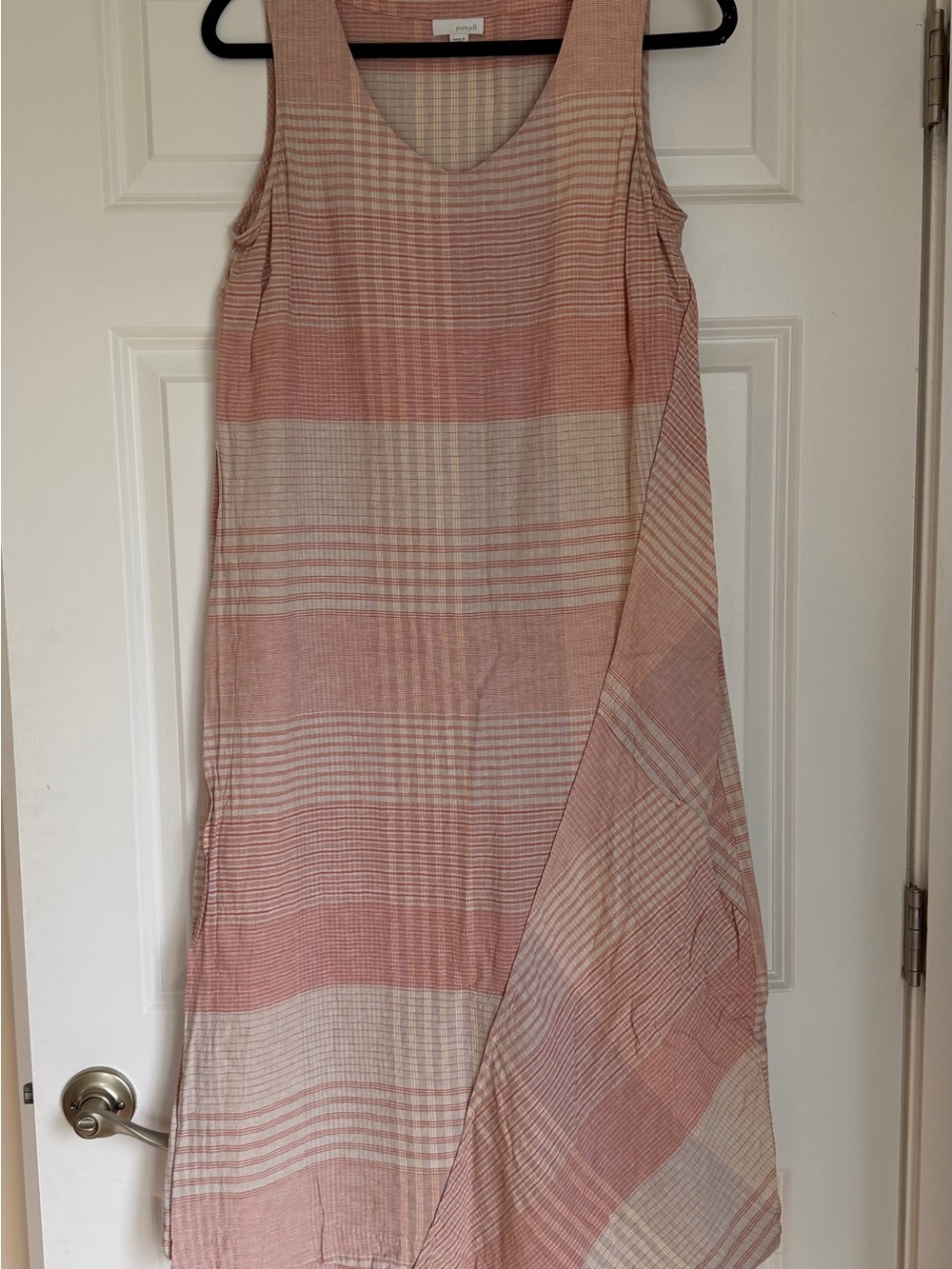 J. Jill Pink and Cream Plaid Sleeveless Midi Dress linen bland - Picture 3 of 10